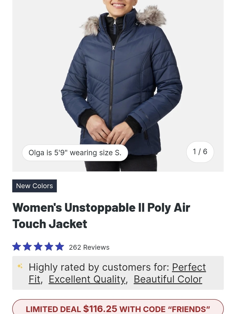 Free Country Navy Quilted Puffer Jacket with Faux Fur Hood Trim